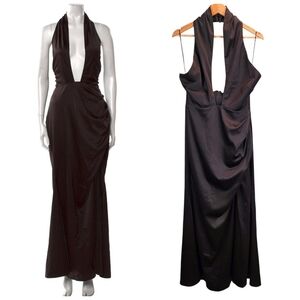 Elliatt Bronze Halter Gown Plunge Neck Draped Open Back Formal Maxi Dress Large